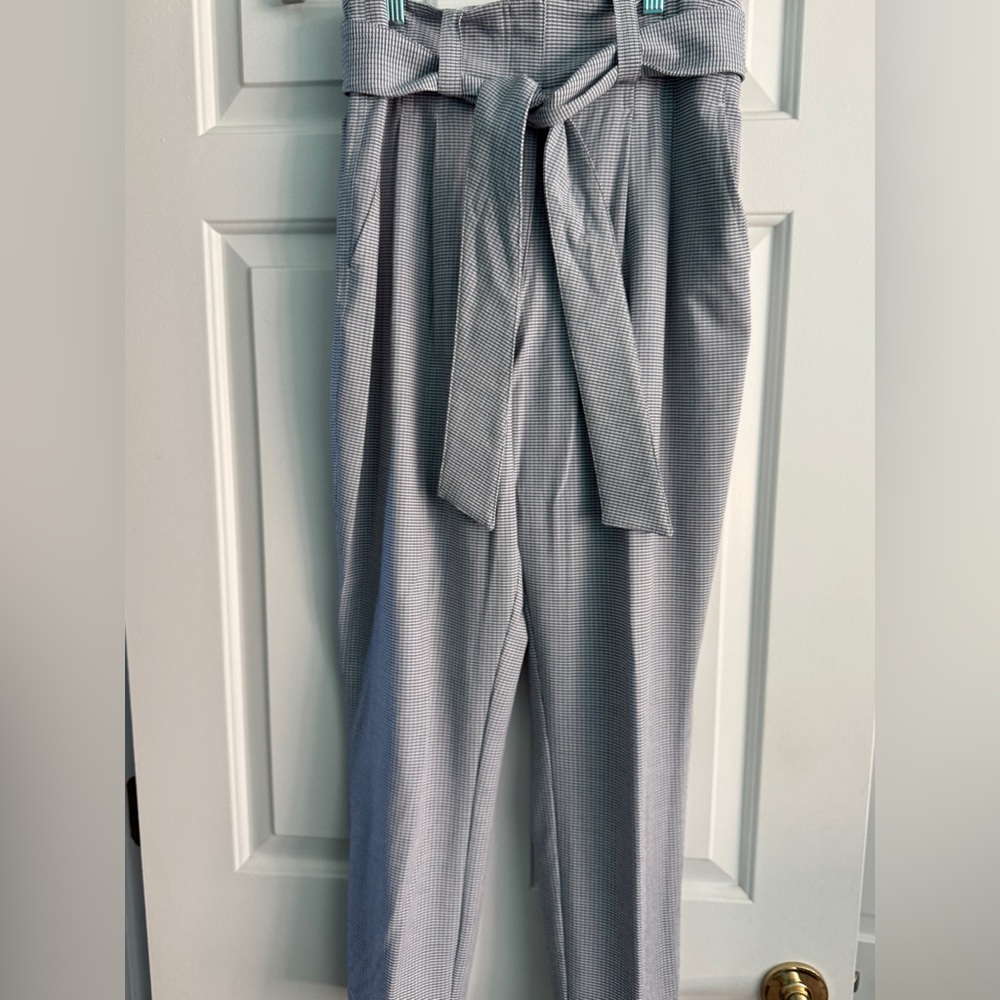 Calvin Klein Gray and White Sear-sucker High-Waisted Pants with Belt